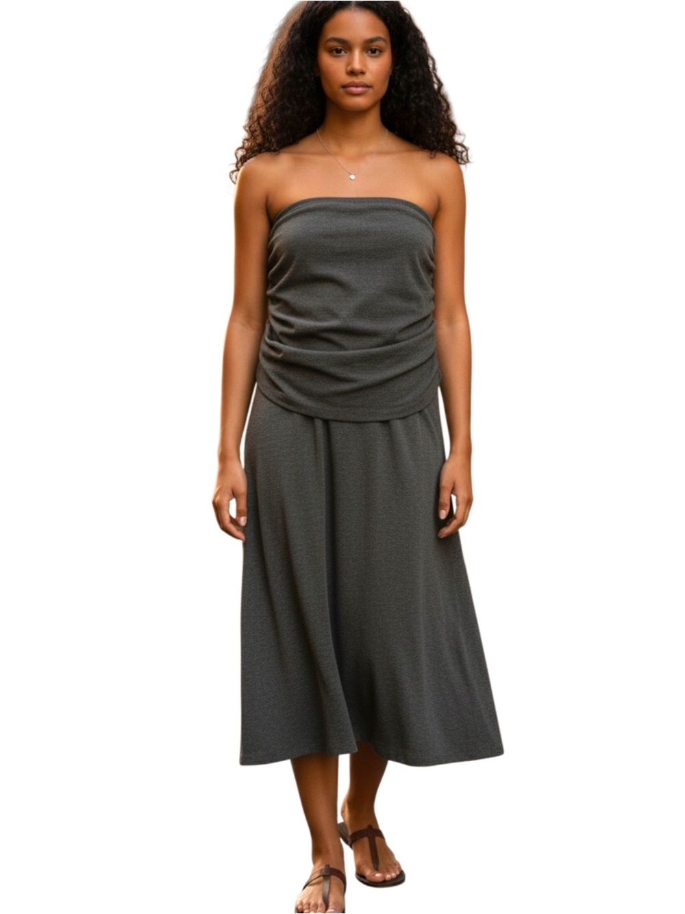 Obakki Black/Tan Tweed Strapless Ruche Layered Top A-Line Midi Dress (2)